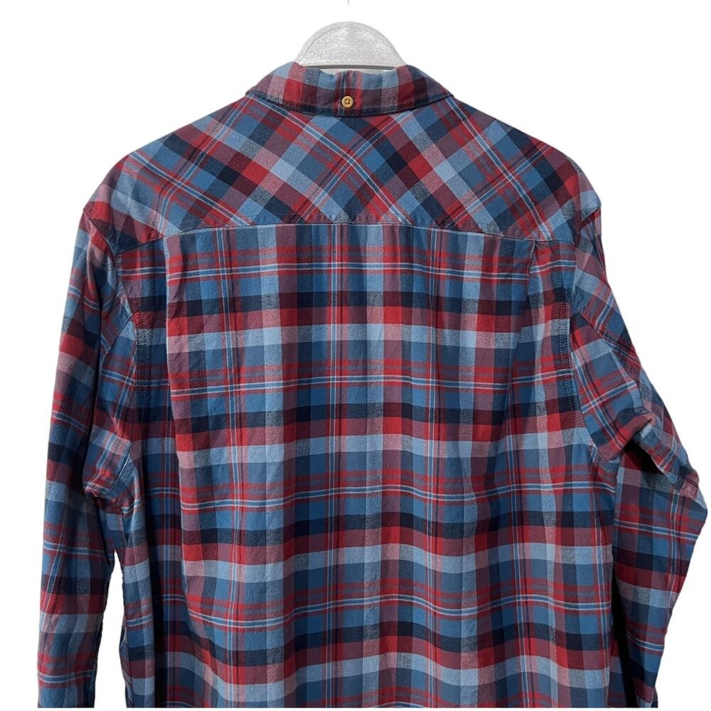 Duluth Trading Co Mens Large Free Swingin Flannel Trim Fit Shirt Blue Red Plaid - Picture 7 of 13
